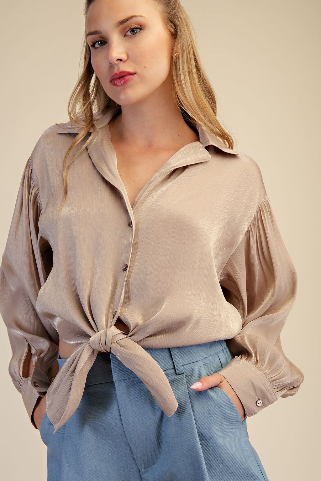 Champagne Taupe Collared Blouse
