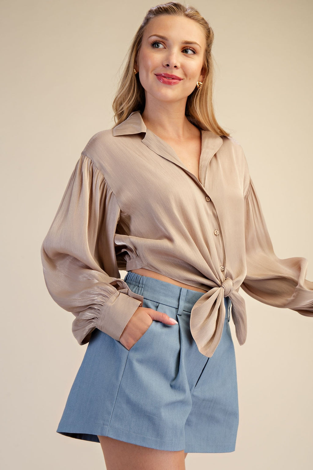 Champagne Taupe Collared Blouse