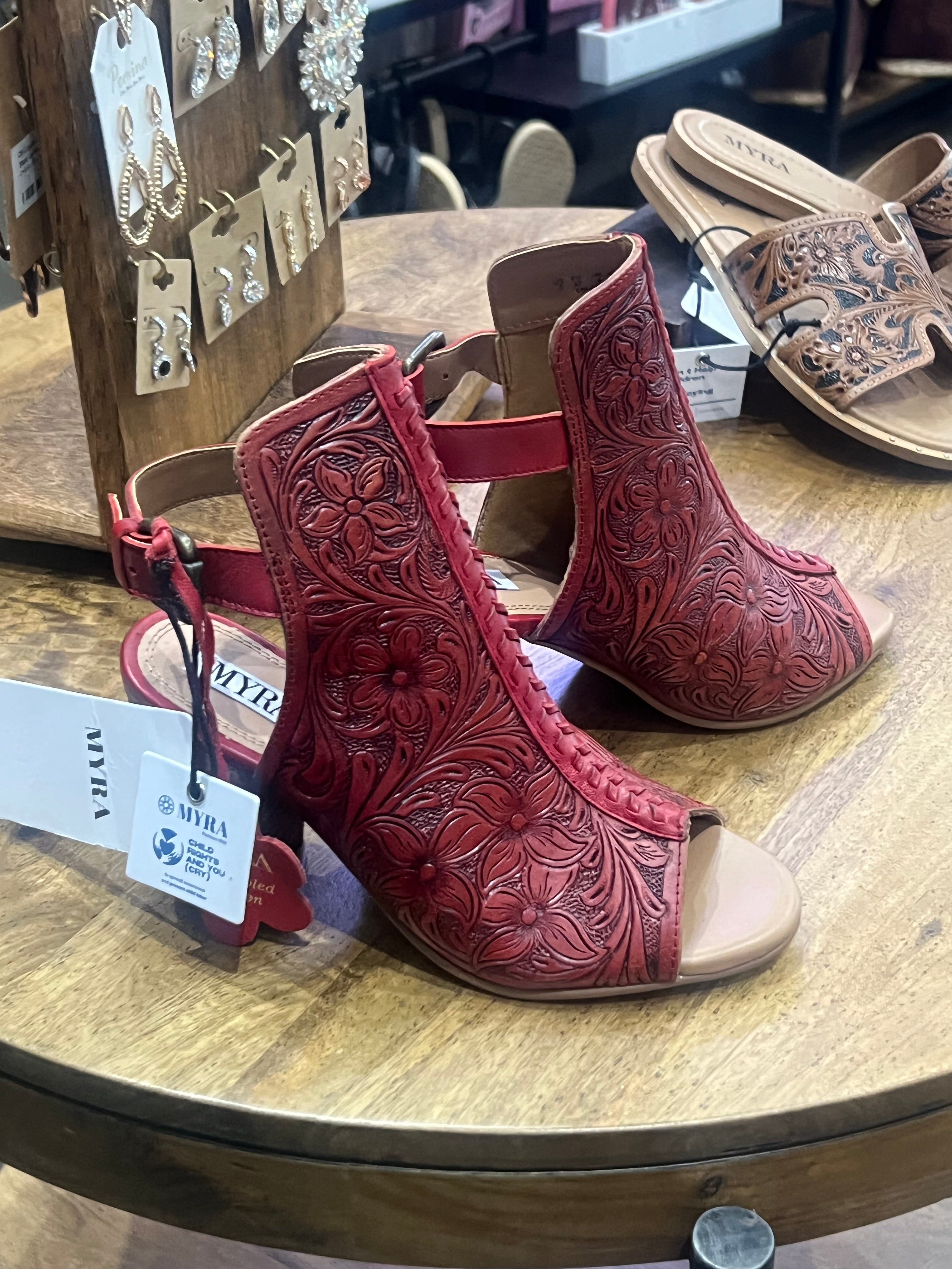 Callandra High Front Hand-tooled Sandal Shoes