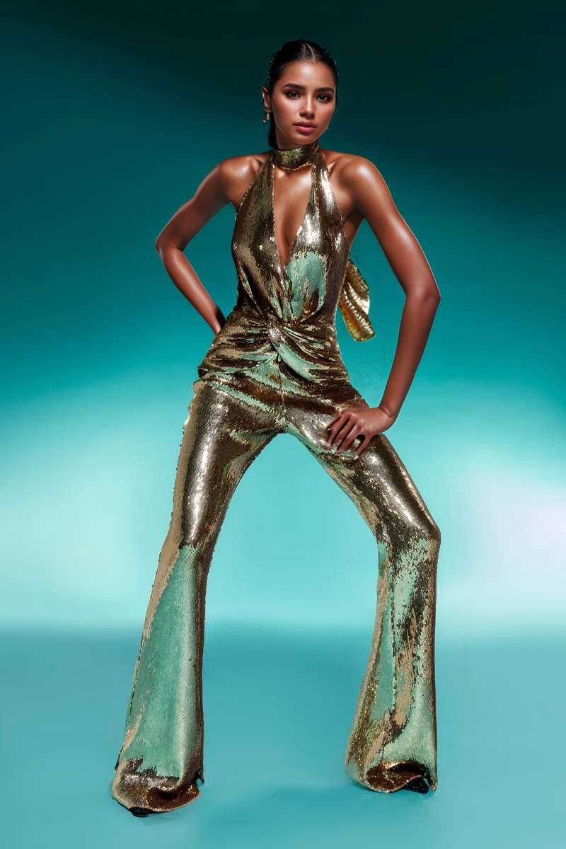 Gold Sequin Halter Flare Jumpsuit