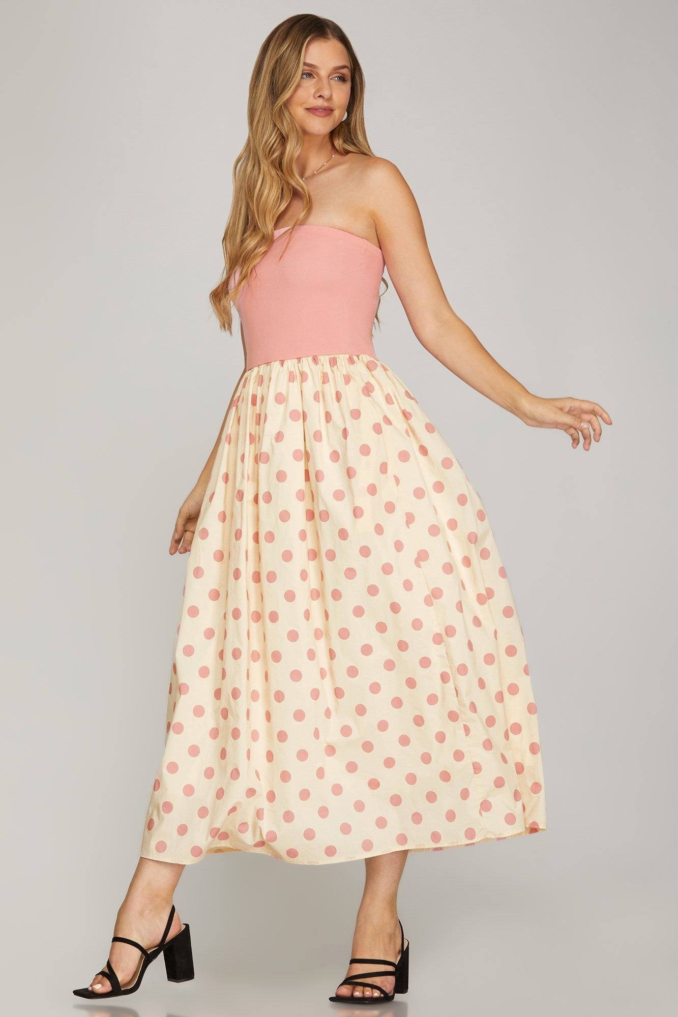 Polka Dot Pink Strapless  Midi