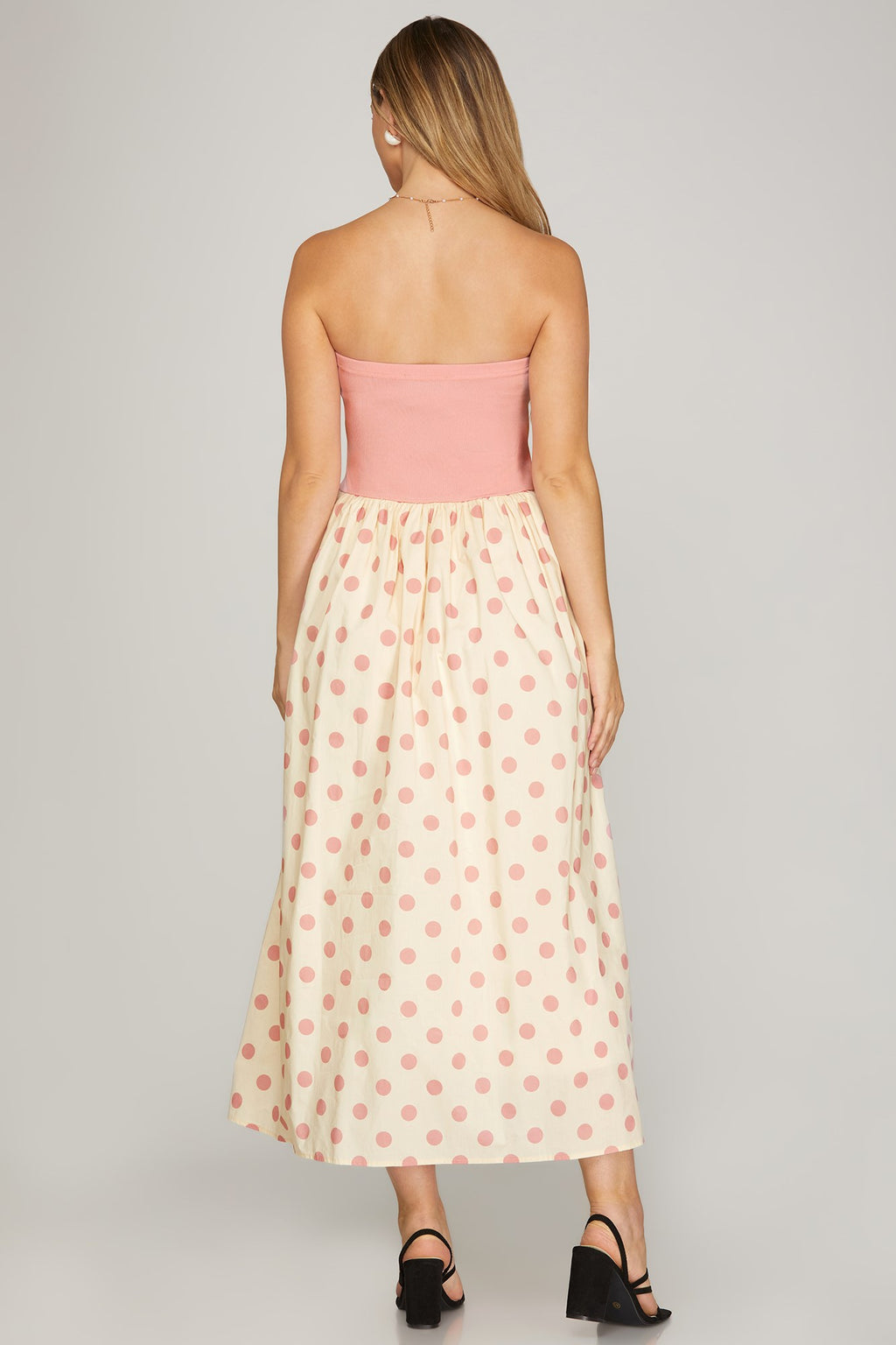 Polka Dot Pink Strapless  Midi