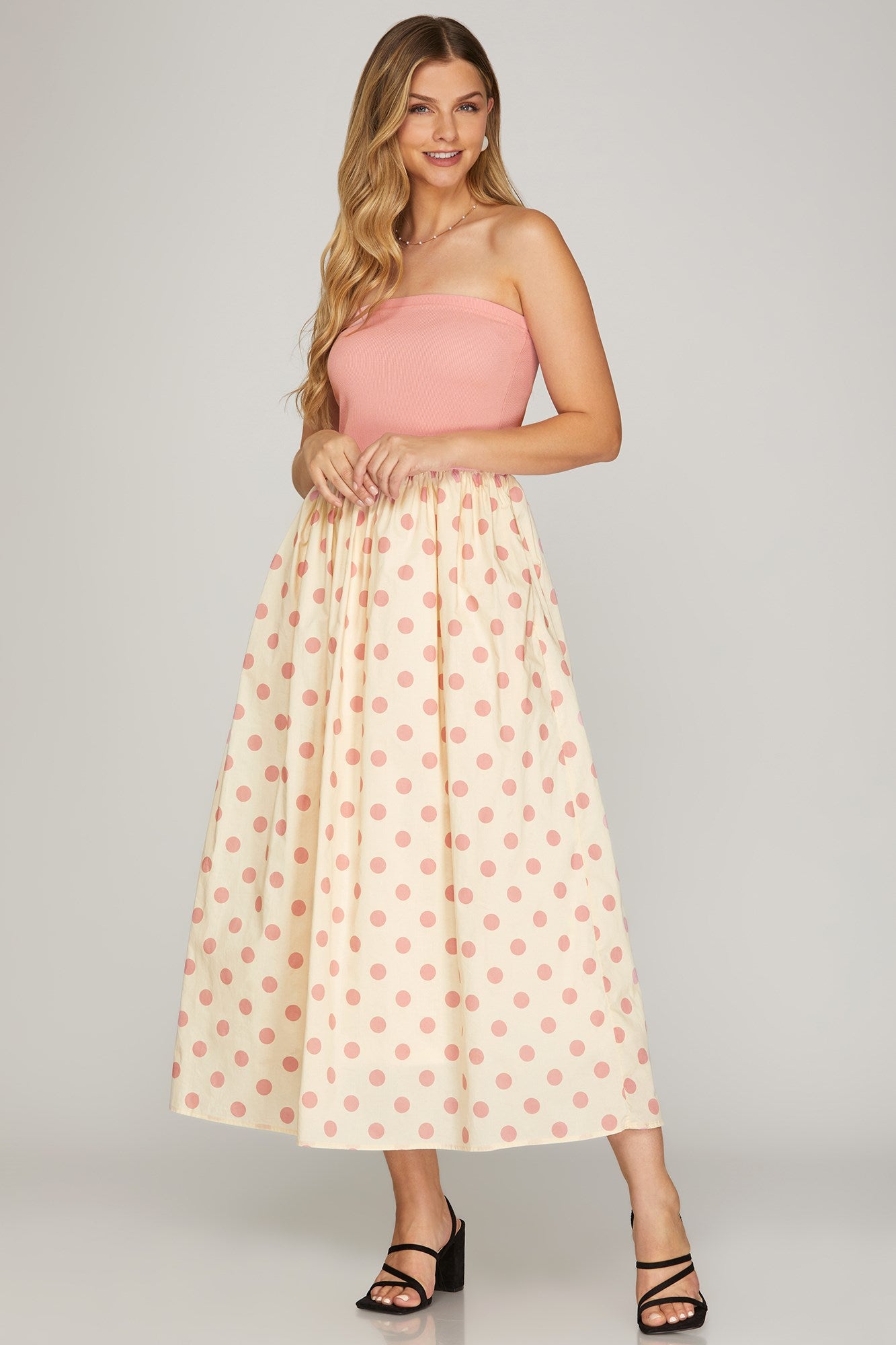 Polka Dot Pink Strapless  Midi
