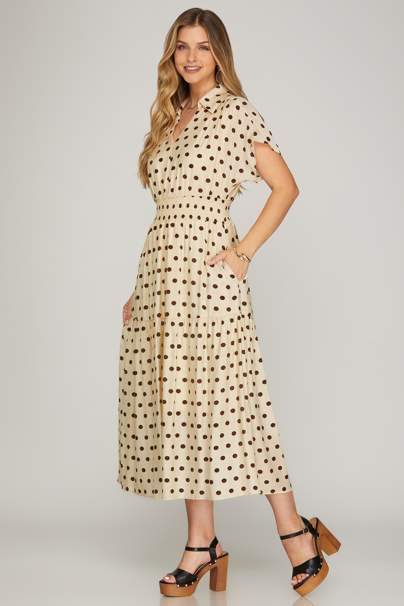 Cream Polka Dot  Midi Dress