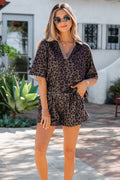 Brown V Neck Collar Leopard Printed 2pcs Short Set
