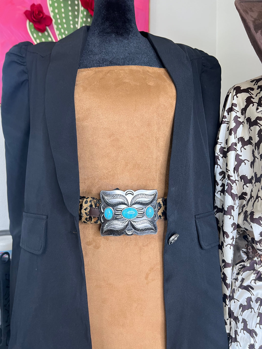 Leopard Genuine Leather Circle Concho Turquoise Stone Belt