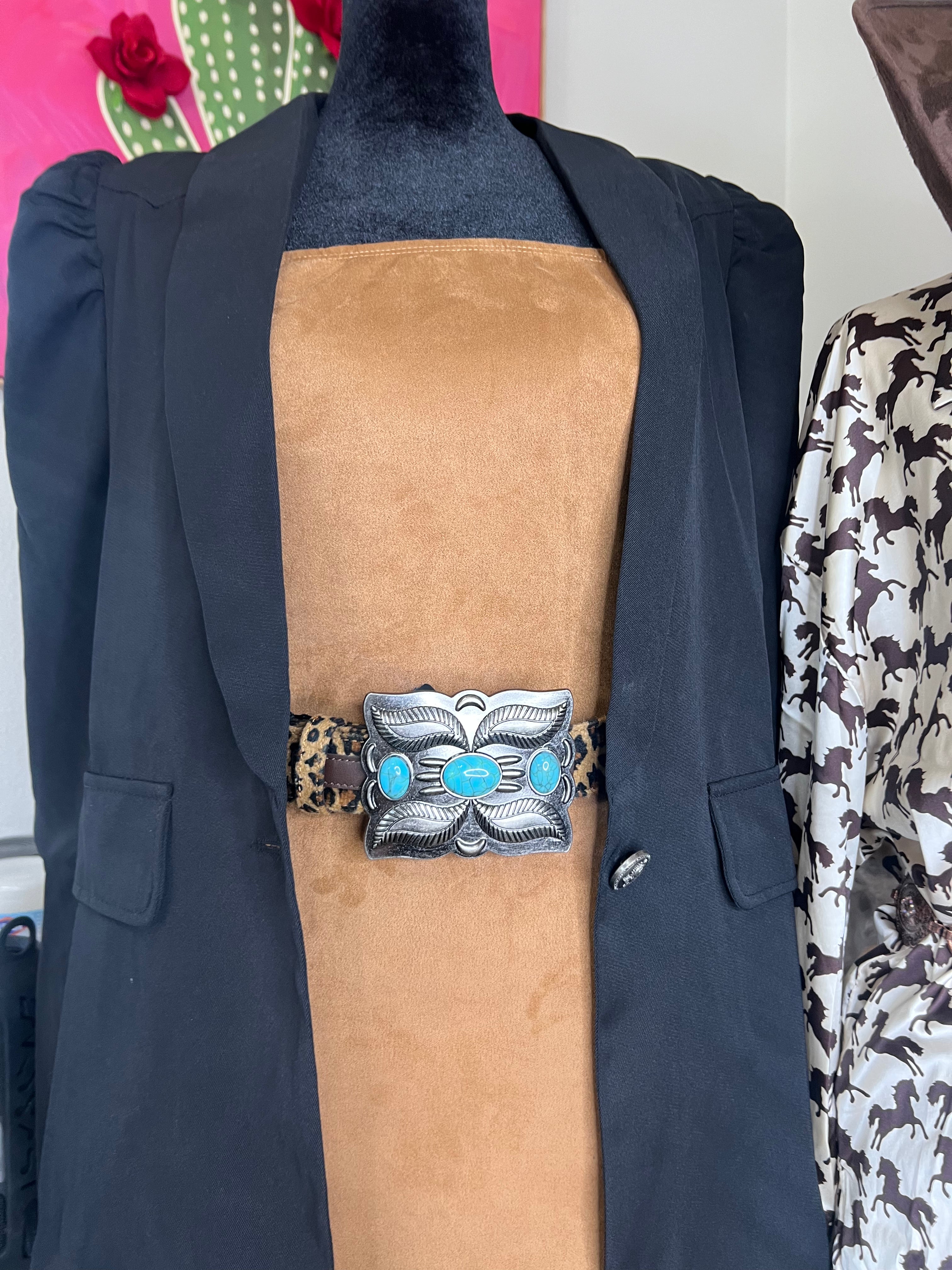 Leopard Genuine Leather Circle Concho Turquoise Stone Belt
