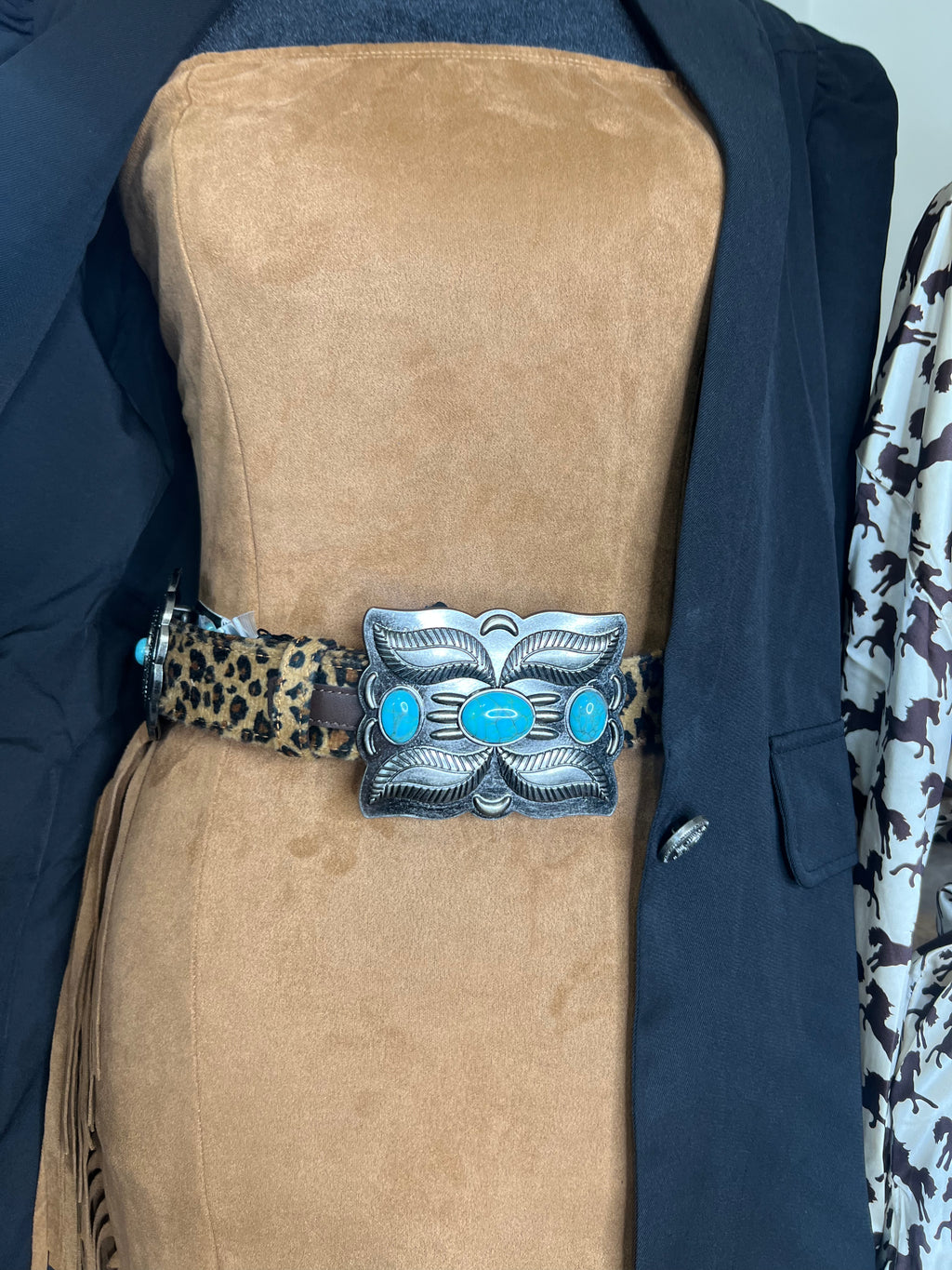 Leopard Genuine Leather Circle Concho Turquoise Stone Belt