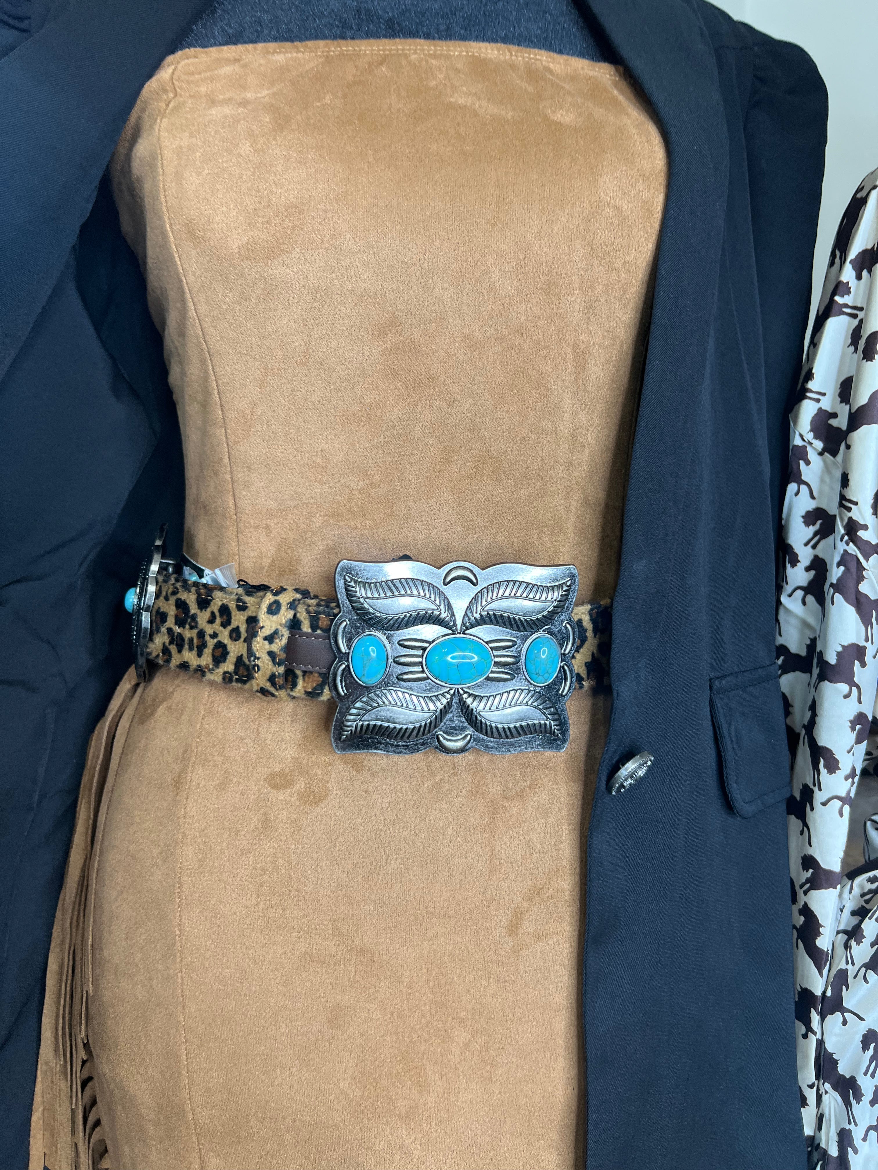 Leopard Genuine Leather Circle Concho Turquoise Stone Belt