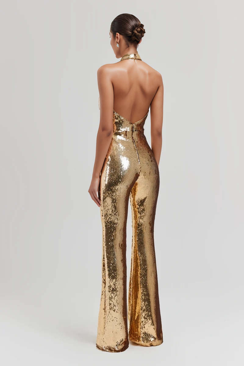 Gold Sequin Halter Flare Jumpsuit