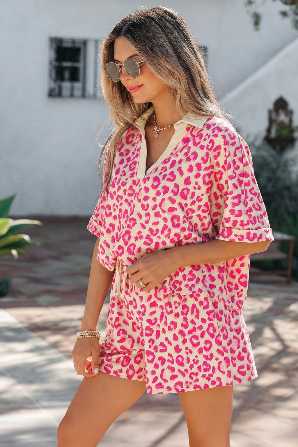 Brown V Neck Collar Leopard Printed 2pcs Short Set