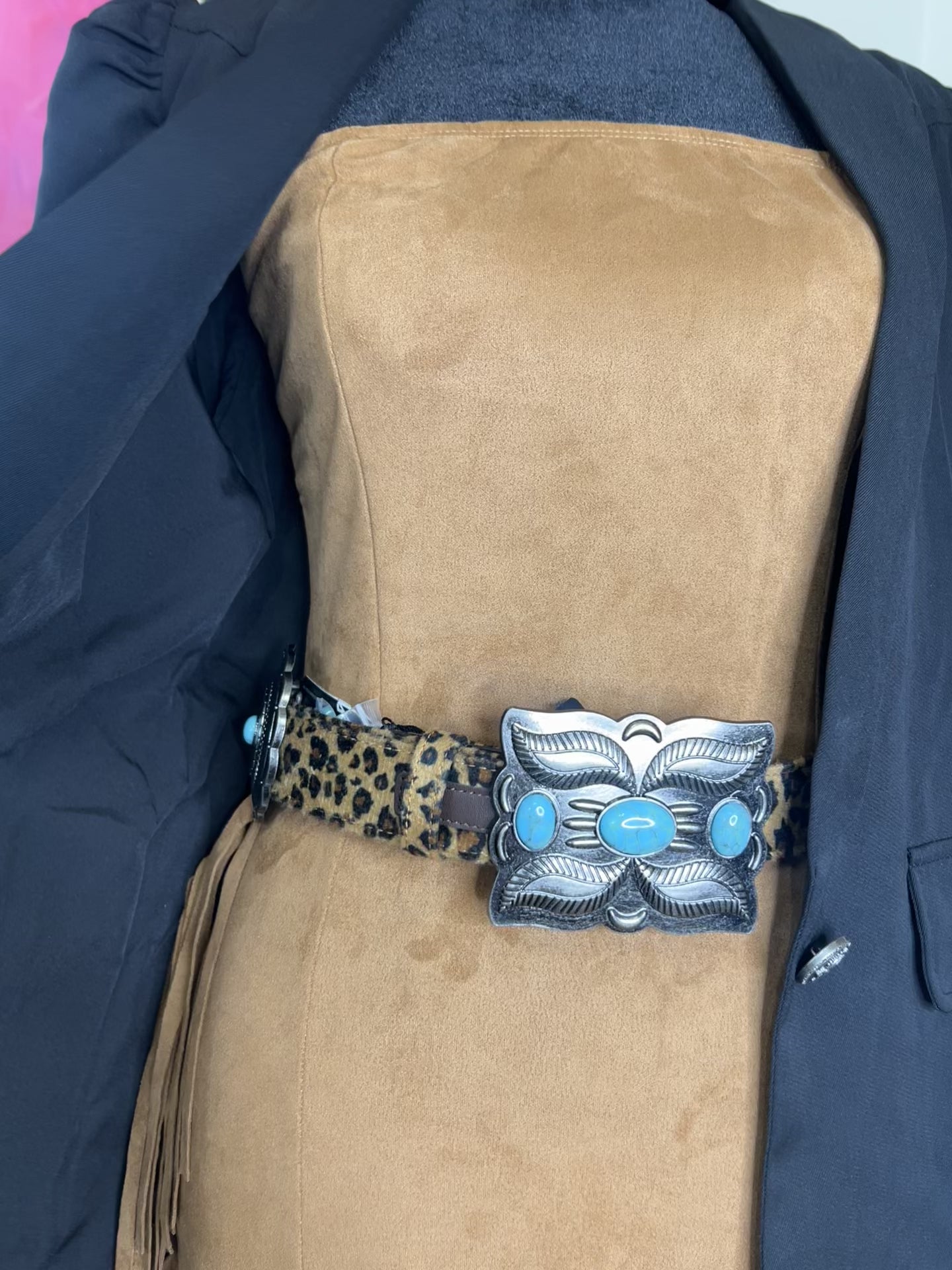 Leopard Genuine Leather Circle Concho Turquoise Stone Belt
